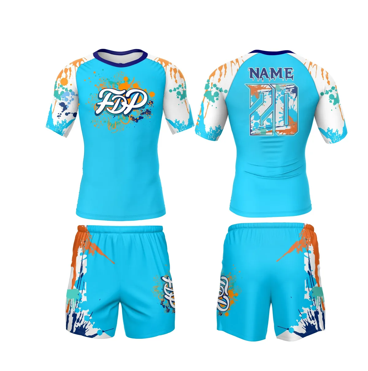 Sublimated jersey and shorts set in cyan and orange, front and back