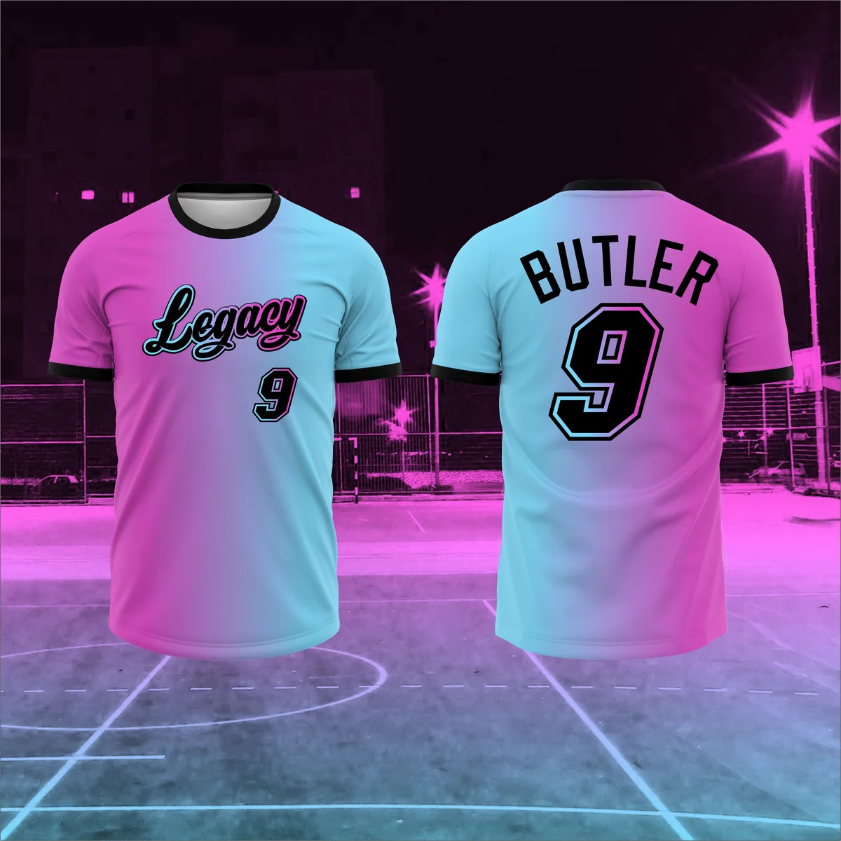 Sublimated baseball jersey in a pink-to-teal gradient, front and back