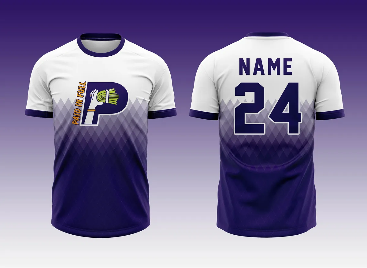Purple and white sublimated baseball jersey, front and back