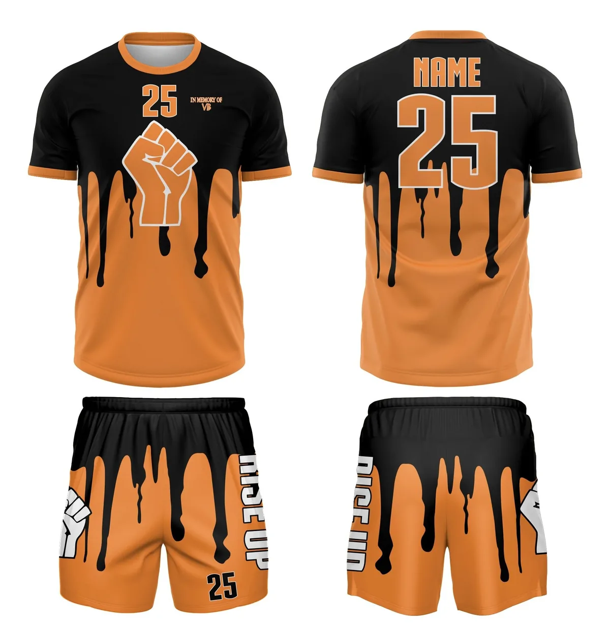 Sublimated kit in orange and black with a raised-fist graphic