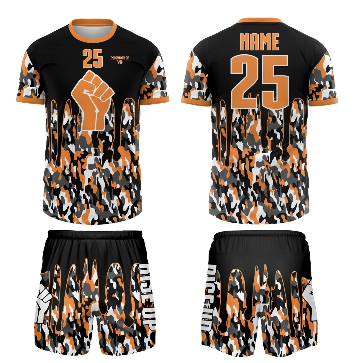 Sublimated kit in black and orange, front and back